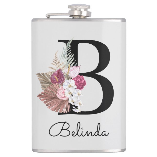 Monogrammed Modern Pink Floral Initial B Flask (Front)