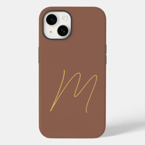 Monogrammed Modern Plain Initial Brown Gold Color Case_Mate iPhone 14 Case