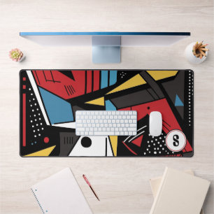 Monogrammed Modern Red & Black Geometric Abstract Desk Mat