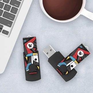 Monogrammed Modern Red & Black Geometric Abstract Flash Drive