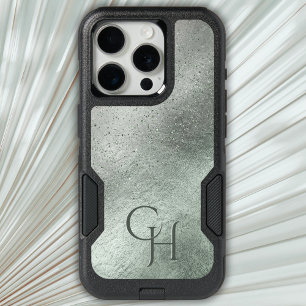  Monogrammed Modern Sage Silver Glitter Luxury iPhone 15 Pro Case