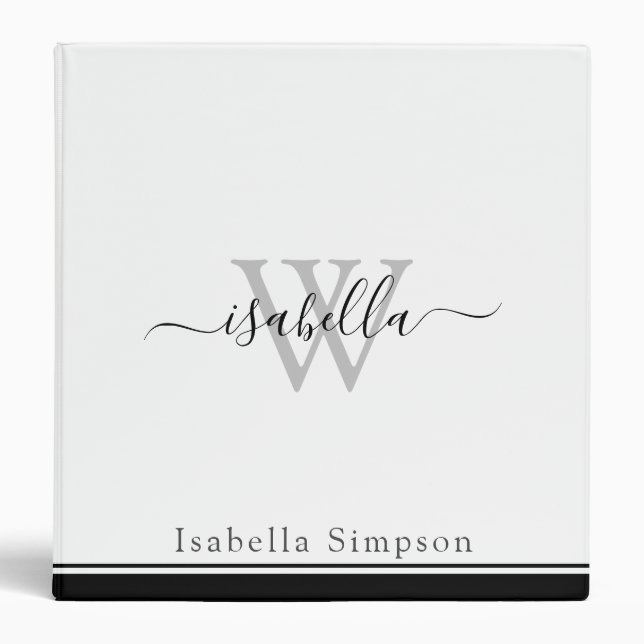 Monogrammed Modern Script Black and White 3 Ring Binder (Front)