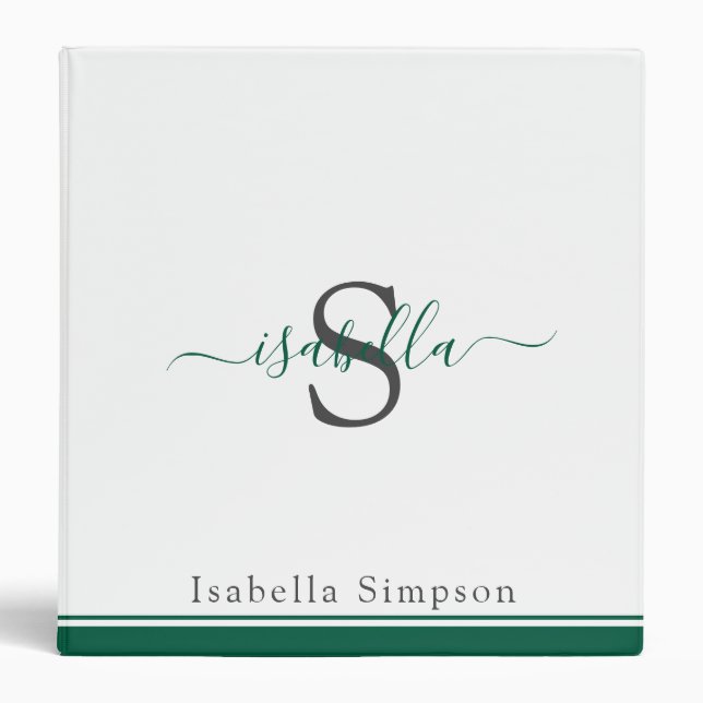 Monogrammed Modern Script Emerald Green  3 Ring Binder (Front)