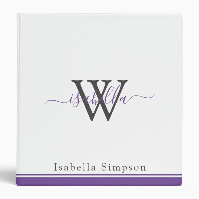 Monogrammed Modern Script Purple 3 Ring Binder (Front)