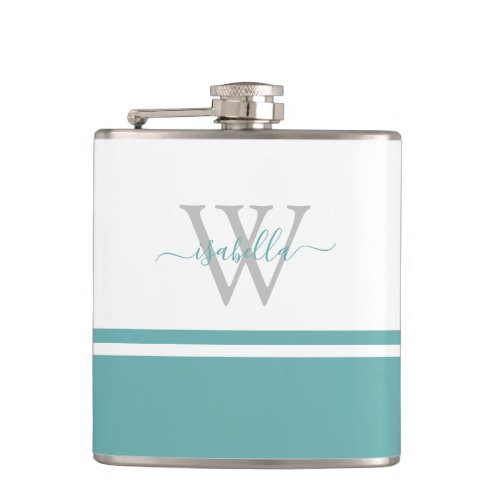 Monogrammed Modern Script Teal Flask