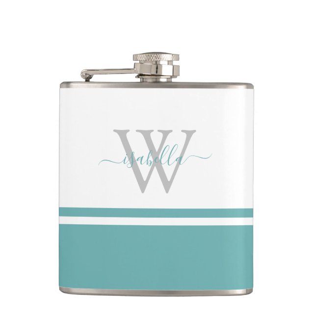 Monogrammed Modern Script Teal Flask (Front)