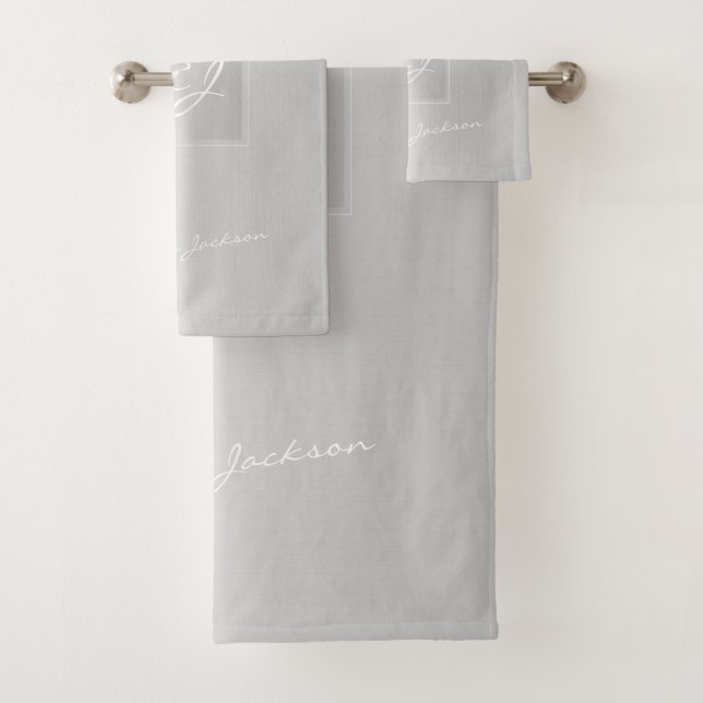 Monogrammed modern silver grey elegant metallic bath towel set (Insitu)
