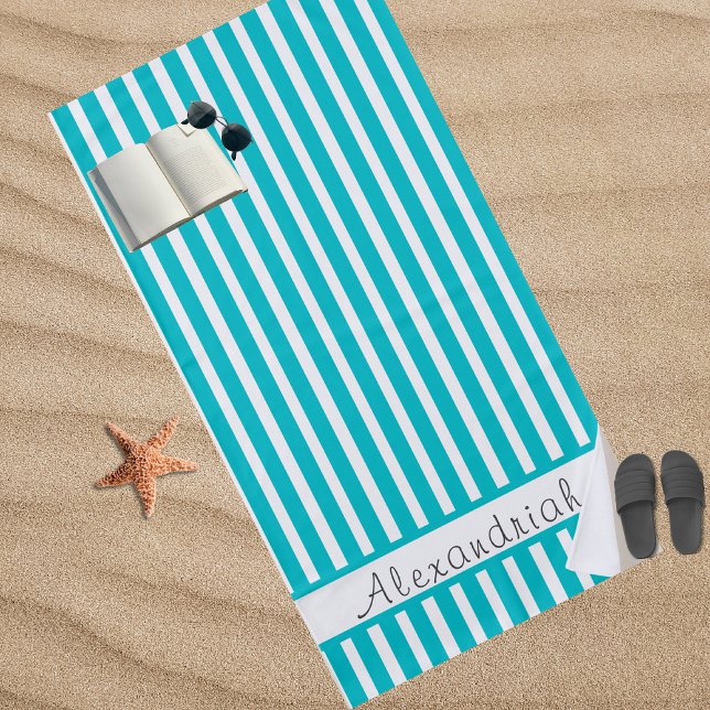 Monogrammed Modern Teal Blue White stripes Beach Towel (Creator Uploaded)