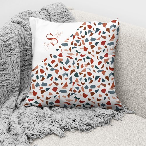 Monogrammed Modern Terrazzo Mosaic Pattern Throw Pillow