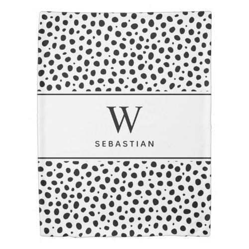 Monogrammed Modern White Black Polka Dots Duvet Cover