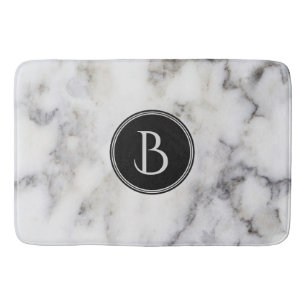 Monogrammed Modern White & Gray Marble Stone Bathroom Mat