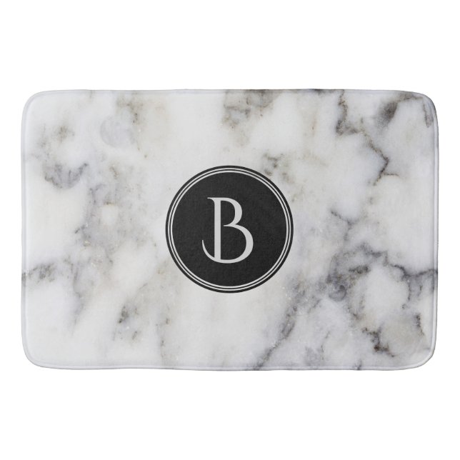 Monogrammed  Modern White & Gray Marble Stone Bathroom Mat (Front)