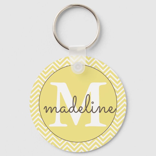 Monogrammed Modern Yellow/White Chevron Keychain (Front)