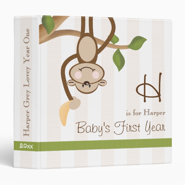 Monogrammed Monkey Baby Photo Album Binder (Front/Spine)