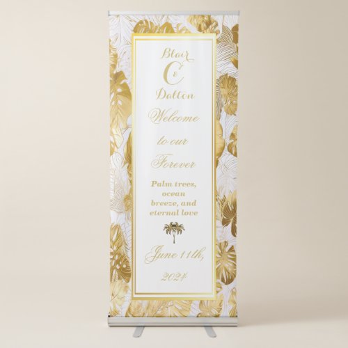 Monogrammed Monstera Gilded Gold Wedding Welcome Retractable Banner