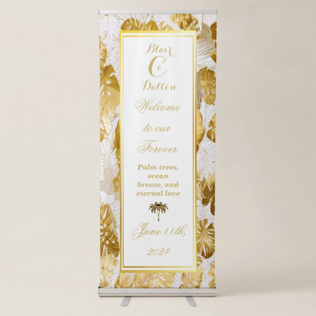 Monogrammed Monstera Gilded Gold Wedding Welcome Retractable Banner (Front)