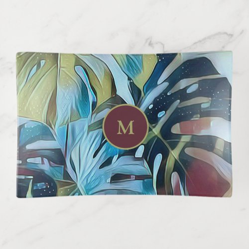 Monogrammed Moody Blue Monstera Leaves Botanical Trinket Tray