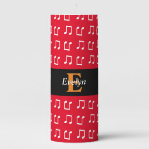 Monogrammed Music Themed Red White Musical Notes Pillar Candle
