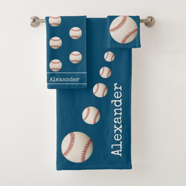Monogrammed name baseball blue sports bathroom bath towel set (Insitu)