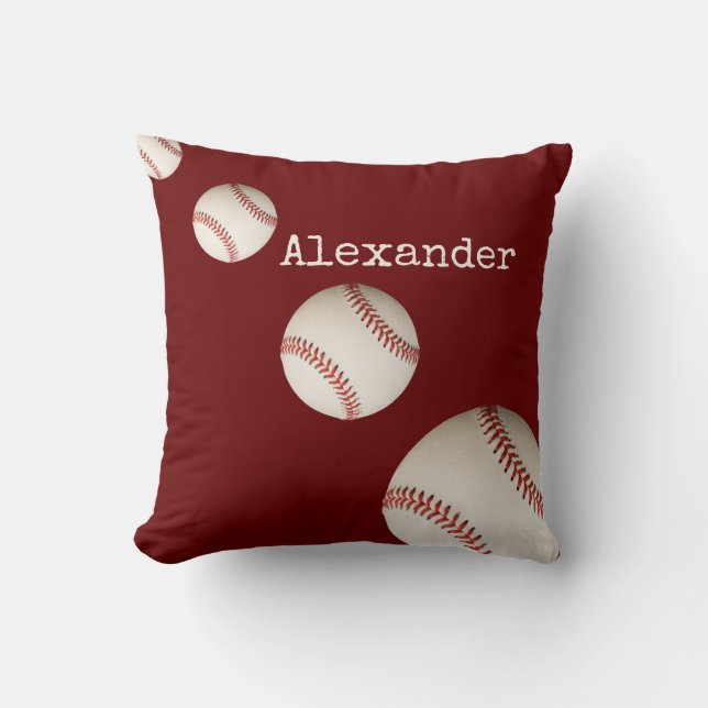 Monogrammed name baseball sport maroon red throw pillow (Front)