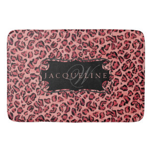 Monogrammed Name Bath Decor Leopard Print Pink Bathroom Mat