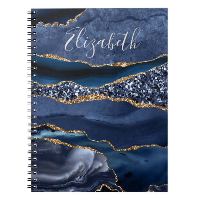 Monogrammed Name Blue Gold Glitter Agate Marble  Notebook (Front)