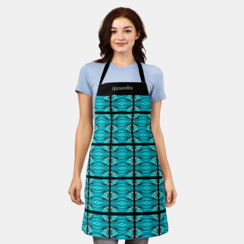 Monogrammed Name Blue Teal Faux Stained Glass Apron