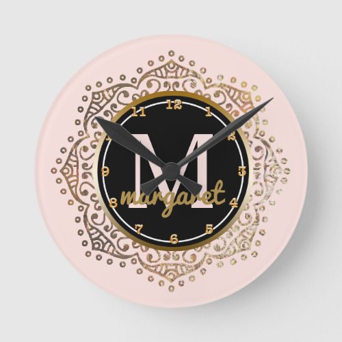 Monogrammed Name  Boho Mandala Blush Pink Gold Round Clock