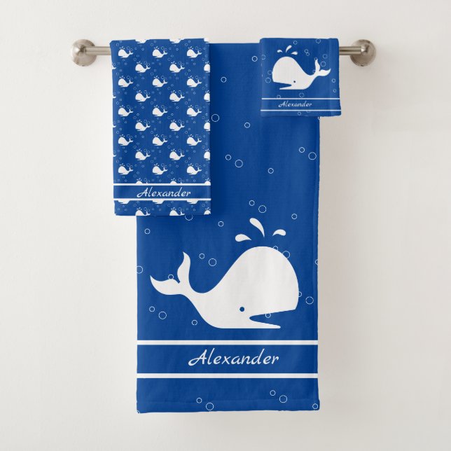 Monogrammed Name Cartoon Whale Blue white Bath Towel Set (Insitu)