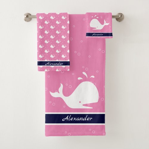 Monogrammed Name Cartoon Whale Navy Blue  Pink Bath Towel Set