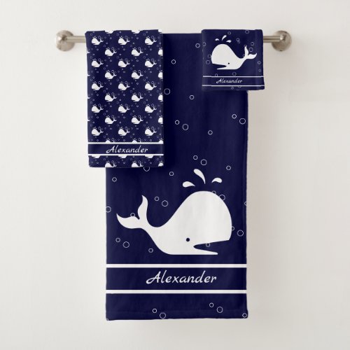 Monogrammed Name Cartoon Whale Navy Blue white  Bath Towel Set