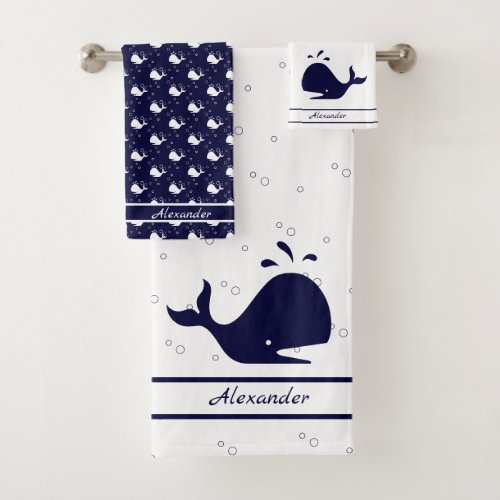 Monogrammed Name Cartoon Whale Navy Blue White  Bath Towel Set