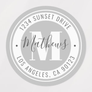 Monogrammed Name & Circular Text   Gray Waterproof Labels