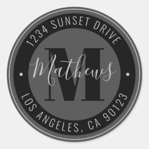 Monogrammed Name & Circular Text   Grey & Black Classic Round Sticker