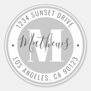 Monogrammed Name & Circular Text Grey & White Classic Round Sticker