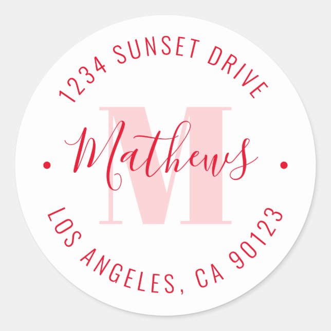 Monogrammed Name & Circular Text | Red & White Classic Round Sticker (Front)