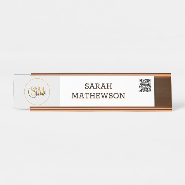 Monogrammed Name & Elegant Signature / QR Code Desk Name Plate (Front)