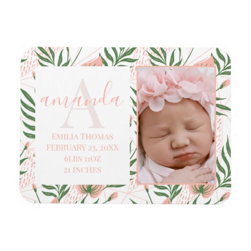 Monogrammed Name Floral Pink Birth Announcement Magnet