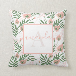 Monogrammed Name Floral Pink Green Pastel Pattern Throw Pillow