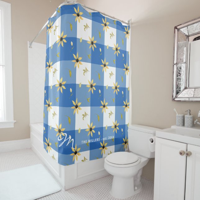Monogrammed name floral rustic blue gingham shower curtain (In Situ)