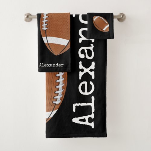 Monogrammed name football  Black Bathroom Bath Towel Set