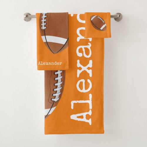 Monogrammed name football orange bath towel set