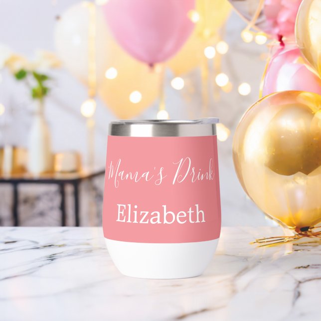 Monogrammed Name Gift Mom Pink White Thermal Wine Tumbler (Bachelor Party)