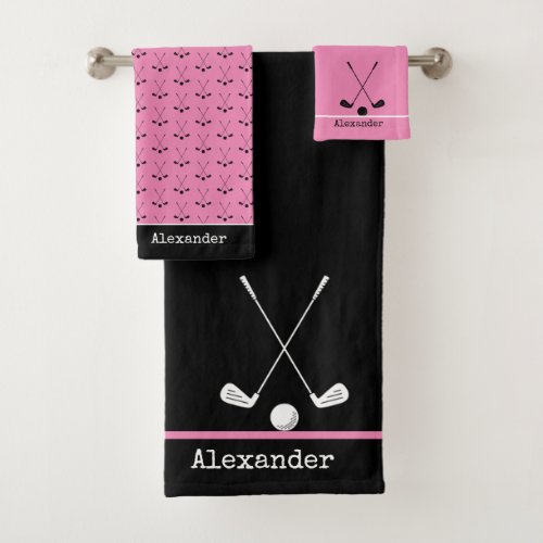 Monogrammed name golfing sport pink black bath towel set