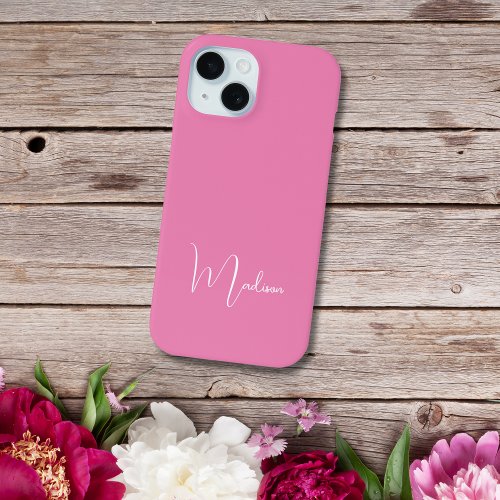 Monogrammed Name Hot Pink White Minimal Minimalist iPhone 15 Case