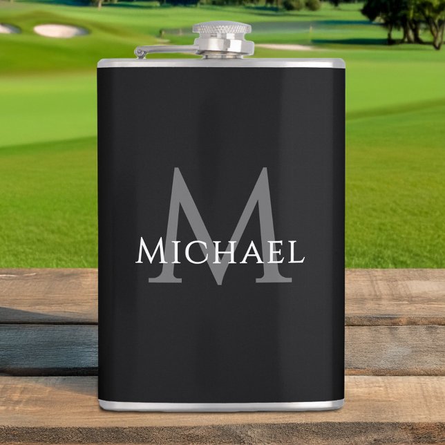 Monogrammed Name Initial Black Gray Custom Flask (Monogrammed Name Initial Black Gray Custom Flask)