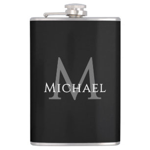 Monogrammed Name Initial Black Gray Custom Flask