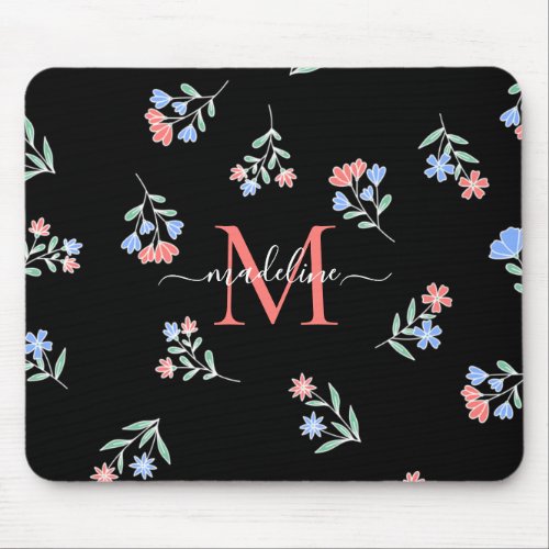 Monogrammed Name  Initial Blue Coral Mouse Pad
