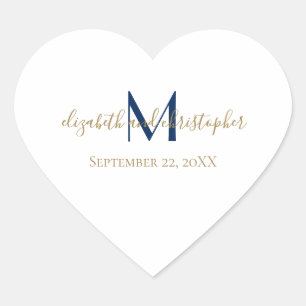 Monogrammed Name Initials Blue Gold Wedding Heart Sticker