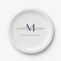 Monogrammed Name Initials Blue Gold Wedding  Paper Plates